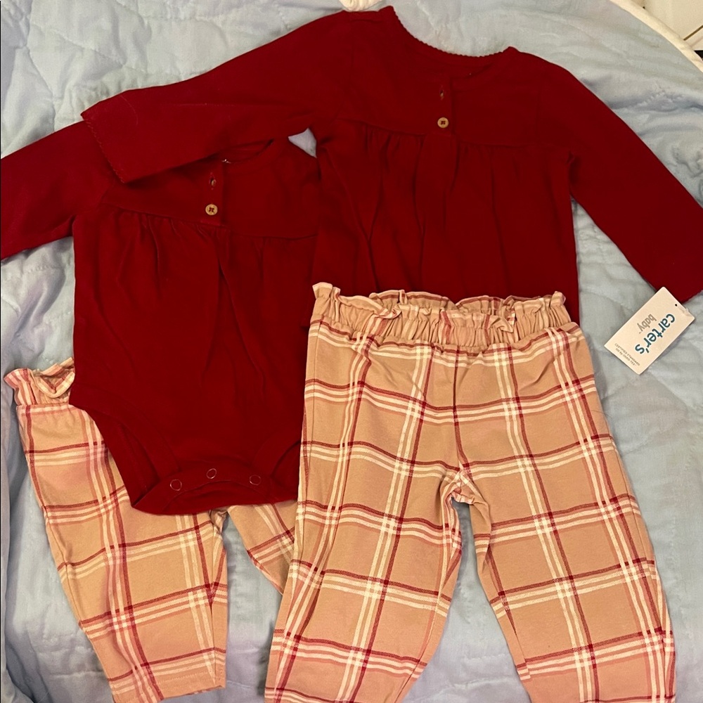 2 Carter's Red Bodysuits and Plaid Pants Sets 3 months and 9 months